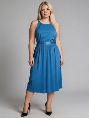 LOFT | Blue Mixed Media Sleeveless Midi Dress Sz 14P